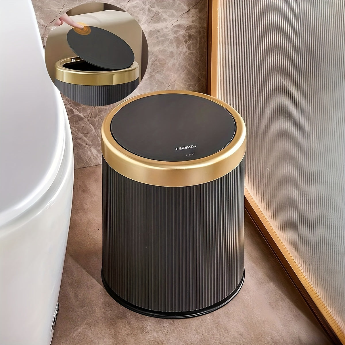 Luxury Oval Trash Can | Press-Top Waste Bin with Dual Inner Bucket – Kitchen, Space-Saving