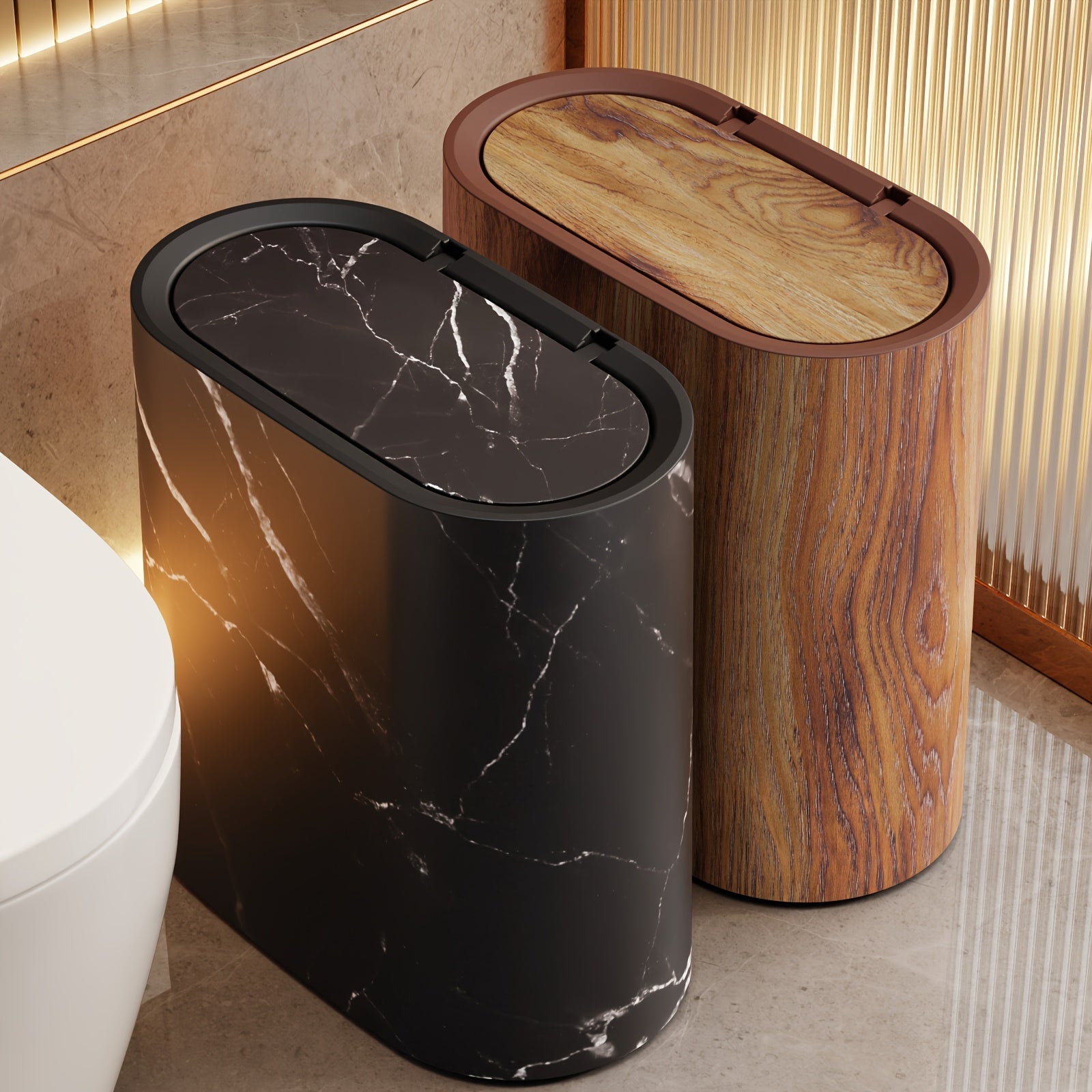 Marble Pattern Trash Can | Modern Kitchen & Bathroom Bin with Lid – Space-Saving, Stylish
