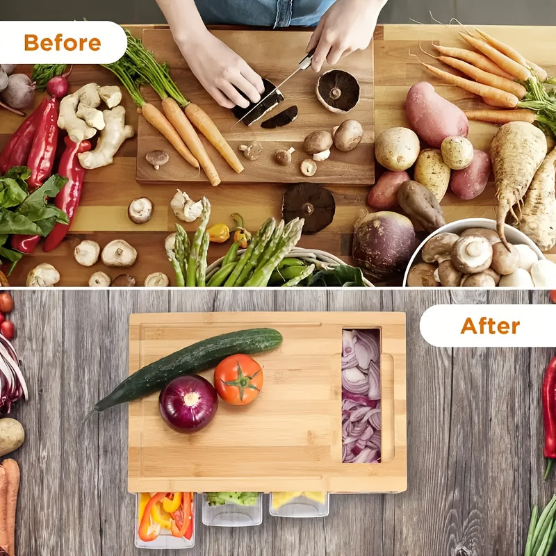 Bamboo Cutting Board with Storage Trays & Graters – Kitchen Prep, Space-Saving