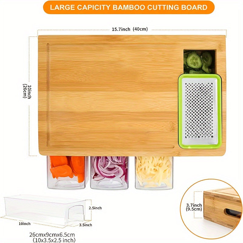Bamboo Cutting Board with Storage Trays & Graters – Kitchen Prep, Space-Saving