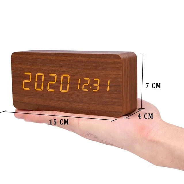 LED Alarm Clock | Voice-Controlled Wooden Design – Home Office, Gift