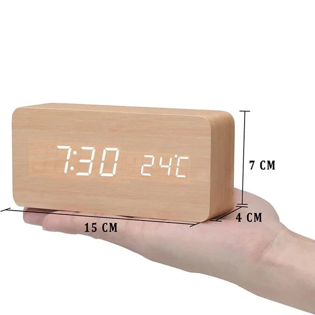 LED Alarm Clock | Voice-Controlled Wooden Design – Home Office, Gift
