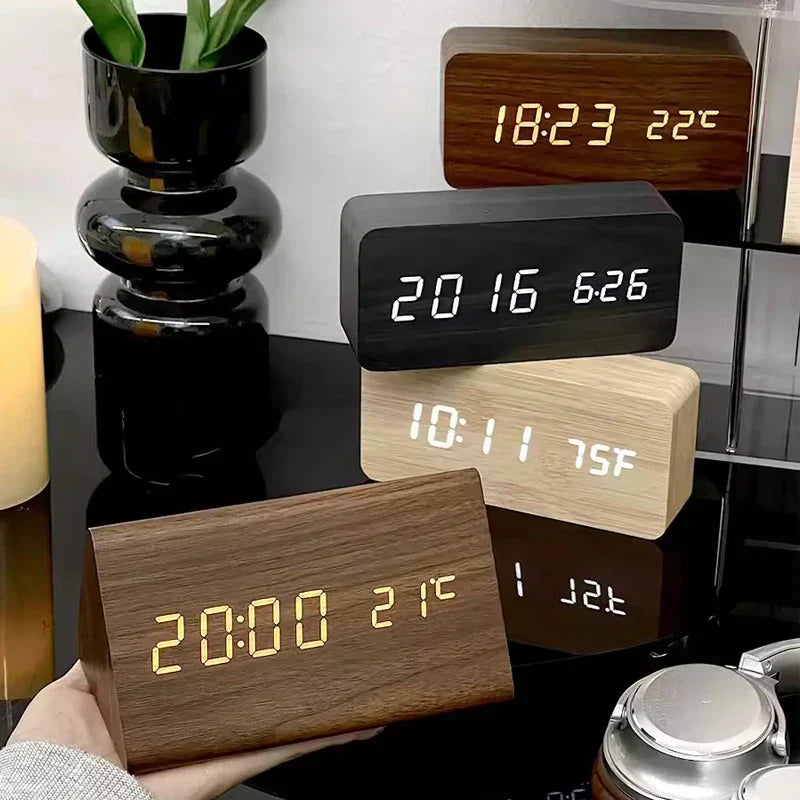 LED Alarm Clock | Voice-Controlled Wooden Design – Home Office, Gift