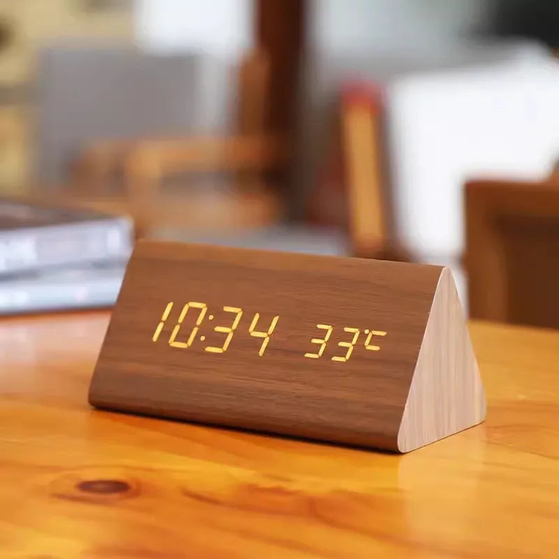 LED Alarm Clock | Voice-Controlled Wooden Design – Home Office, Gift