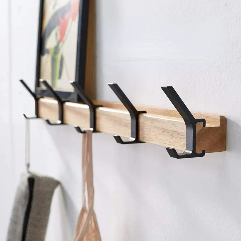 Nordic Coat Rack with Adjustable Dual Hooks in Black & Wood Finish – Entryway, Space-Saving