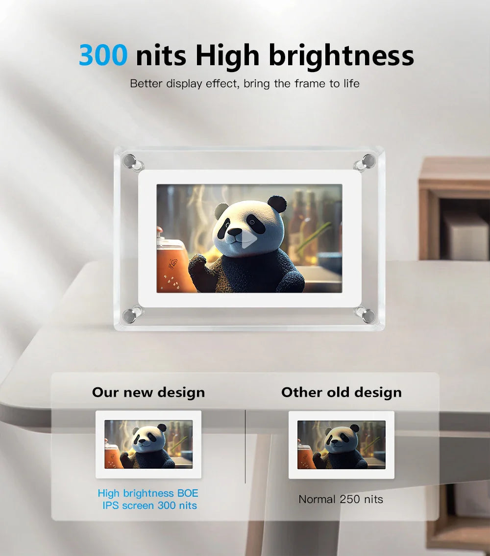 Acrylic Digital Photo Frame | Portable IPS Display with Built-in Battery – Home Office, Travel