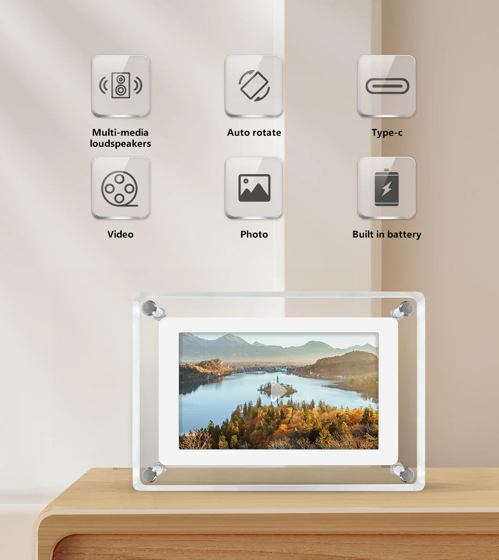 Acrylic Digital Photo Frame | Portable IPS Display with Built-in Battery – Home Office, Travel