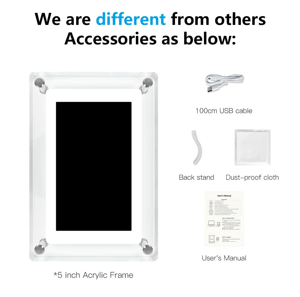 Acrylic Digital Photo Frame | Portable IPS Display with Built-in Battery – Home Office, Travel