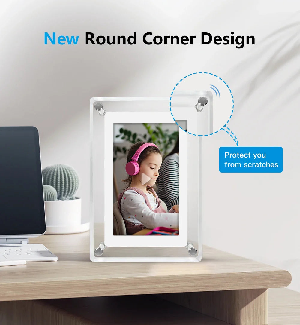 Acrylic Digital Photo Frame | Portable IPS Display with Built-in Battery – Home Office, Travel