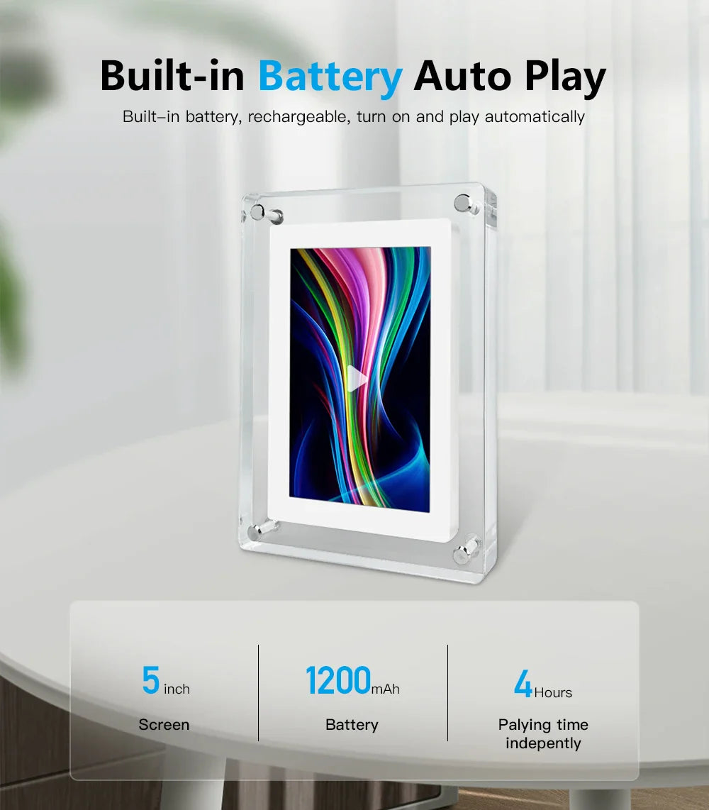 Acrylic Digital Photo Frame | Portable IPS Display with Built-in Battery – Home Office, Travel