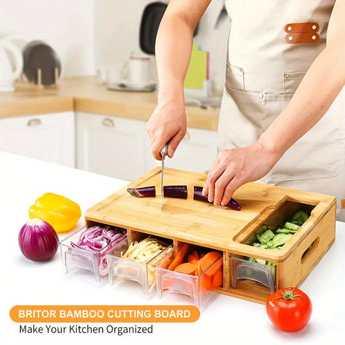 Bamboo Cutting Board with Storage Trays & Graters – Kitchen Prep, Space-Saving