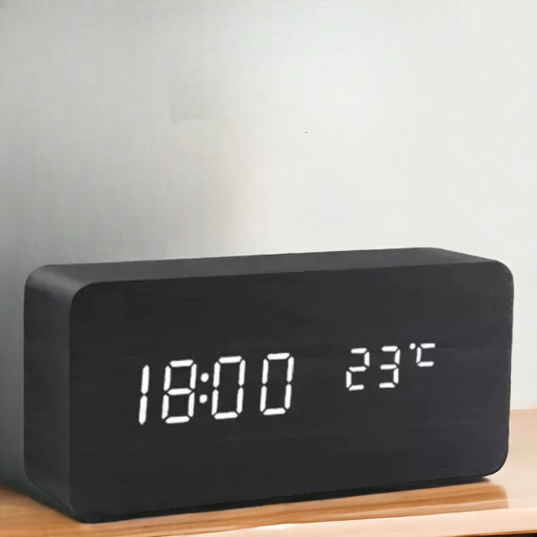 LED Alarm Clock | Voice-Controlled Wooden Design – Home Office, Gift